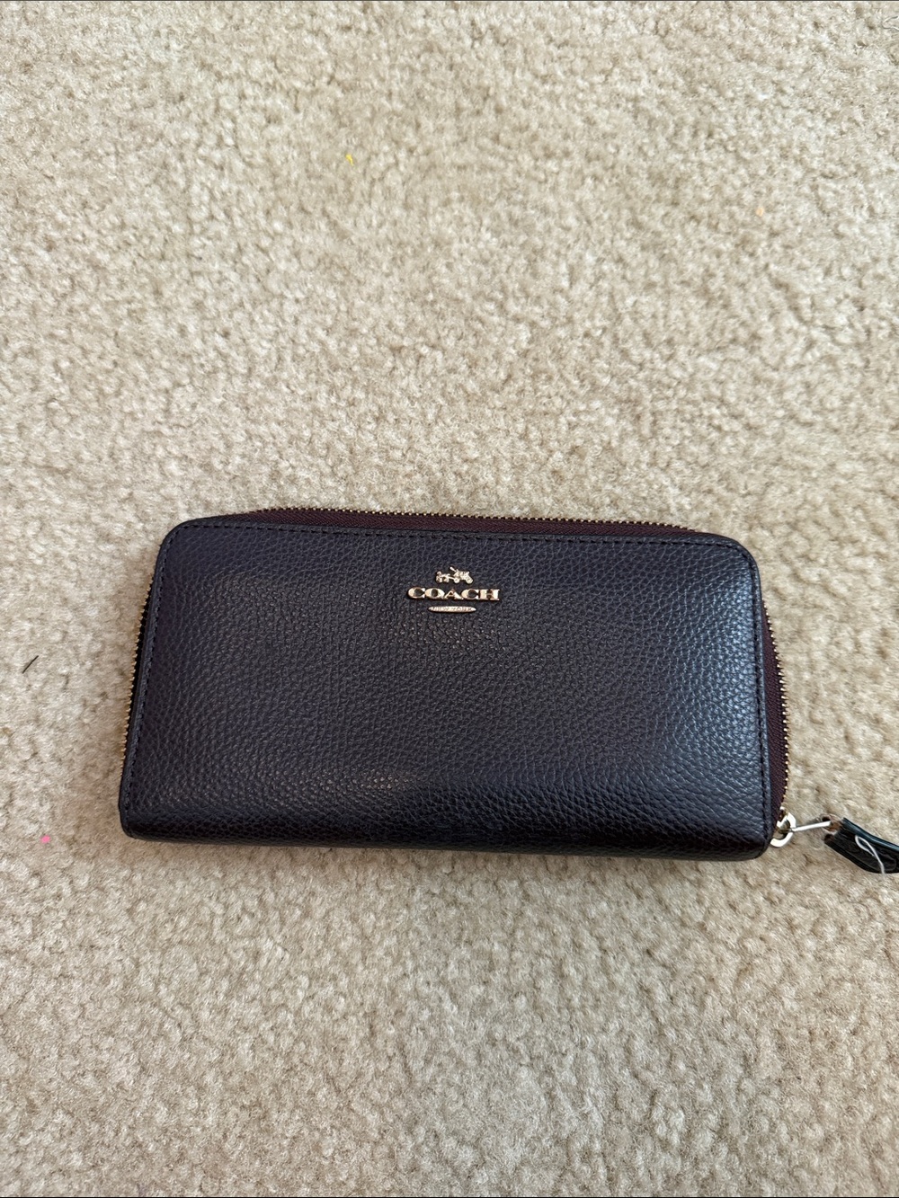Coach Maple Pebbled Leather Zip Wallet with Gold Logo Accent